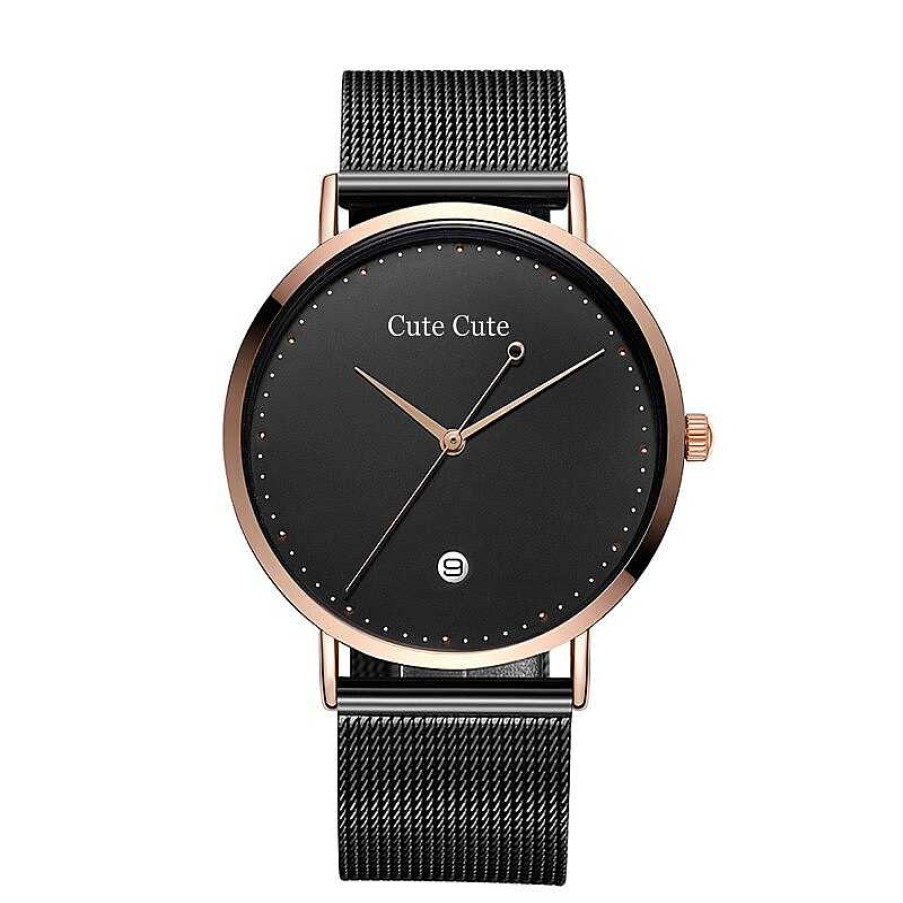 Woman Cute Cute | Black And Rose Gold Watch With A Stainless Steel Mesh Bracelet