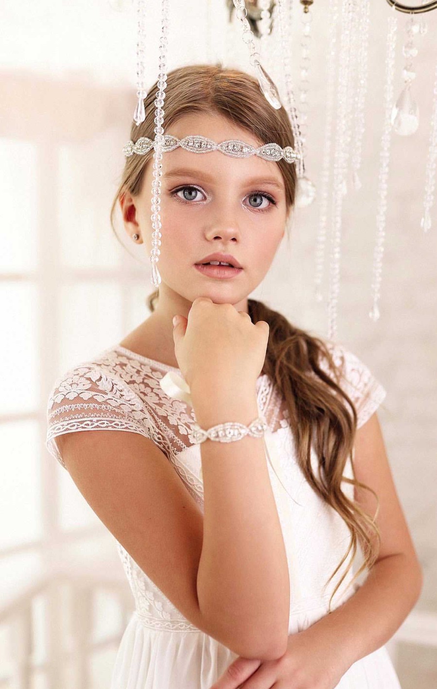 Girls Cute Cute | Diamante Bracelet With Satin Ivory Ribbon