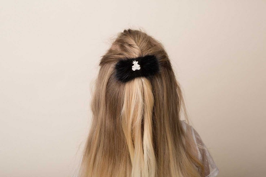 Girls Cute Cute | Black Mink Fur Bow With Gold Teddy Rhinestone Button On An Alligator Clip.