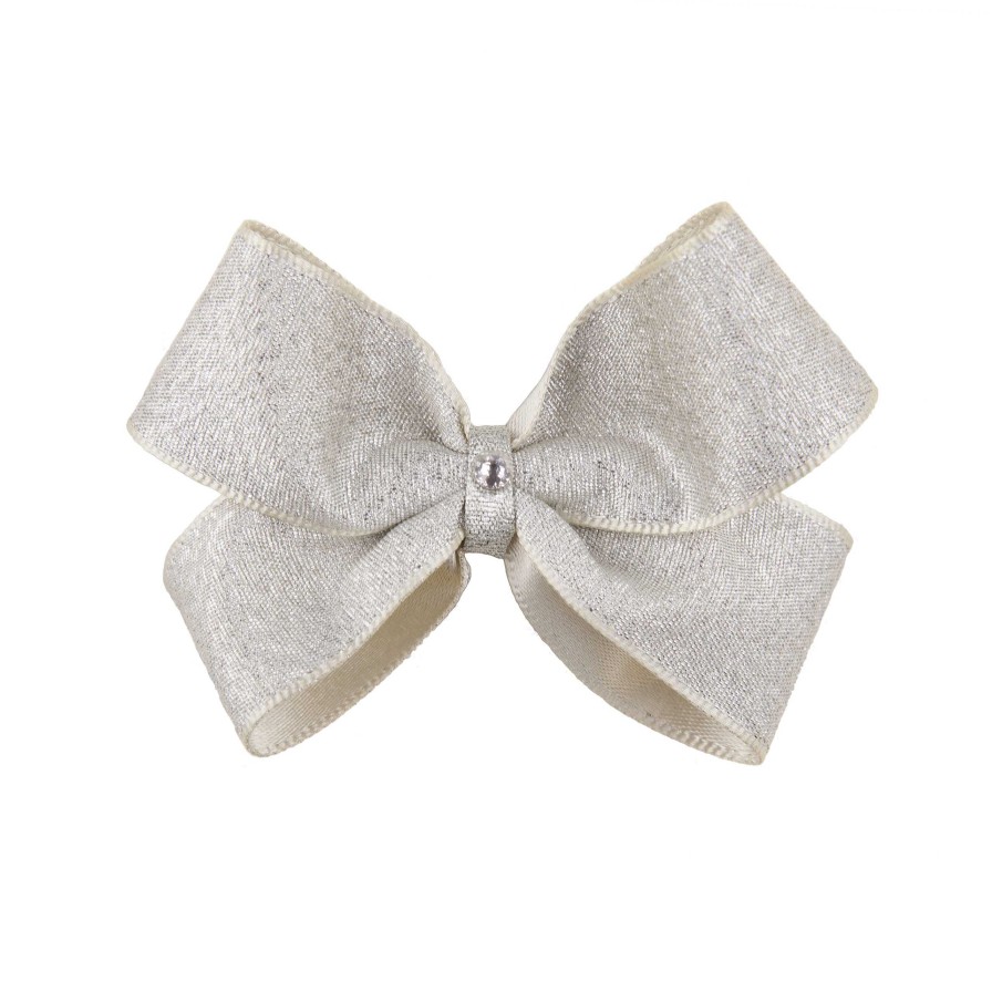 Girls Cute Cute | Silver Satin Medium Double Bow Decorated With A Swarovski Crystal