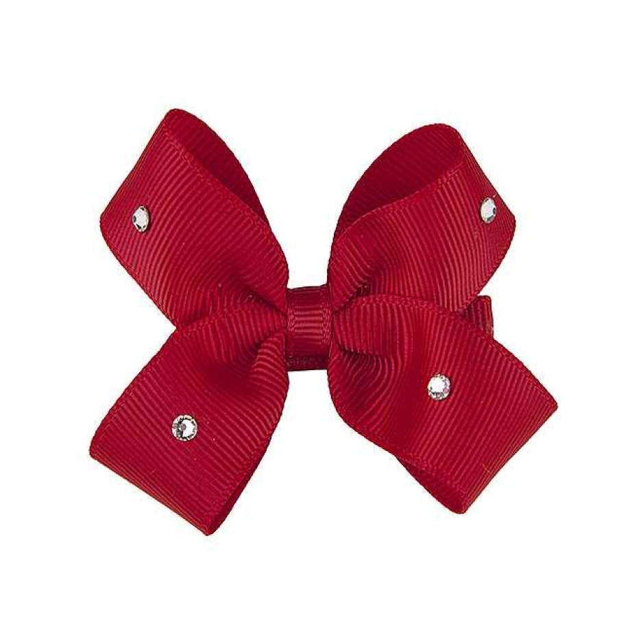 Girls Cute Cute | Medium Double Red Grosgrain Bow Decorated With Swarovski Diamante On A Clip