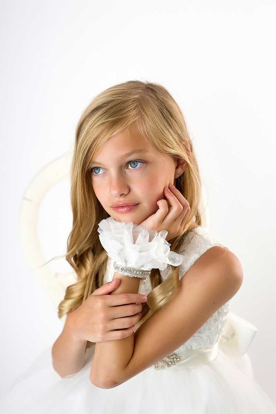 Girls Cute Cute | Exclusive Chiffon Ivory Trim With Rhinestonecrystals And Pearls On Satin Ribbon