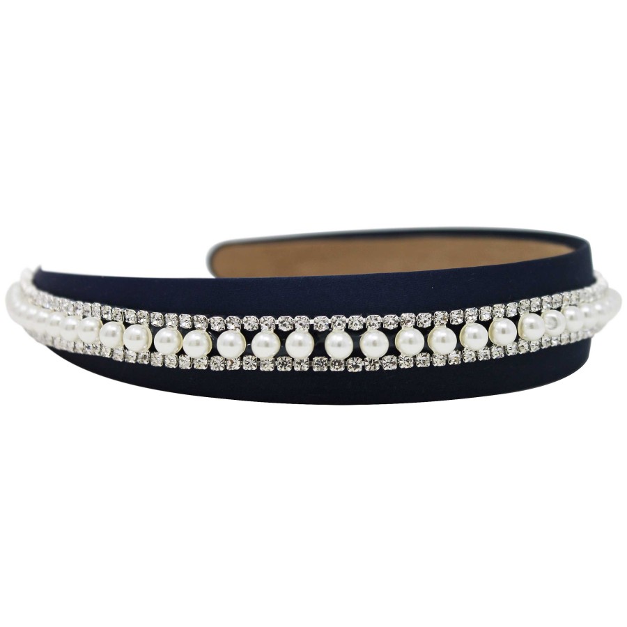 Woman Cute Cute | Navy Wide Alice Band With Pearl And Crystal Trim