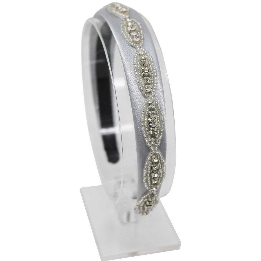 Woman Cute Cute | White Diamante Trim On A Satin Silver Alice Band