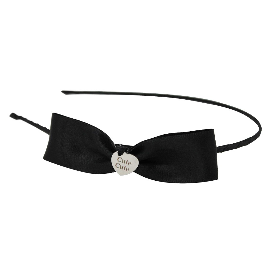 Woman Cute Cute | Black Single Bow With Silver Heart On A Slim Alice Band