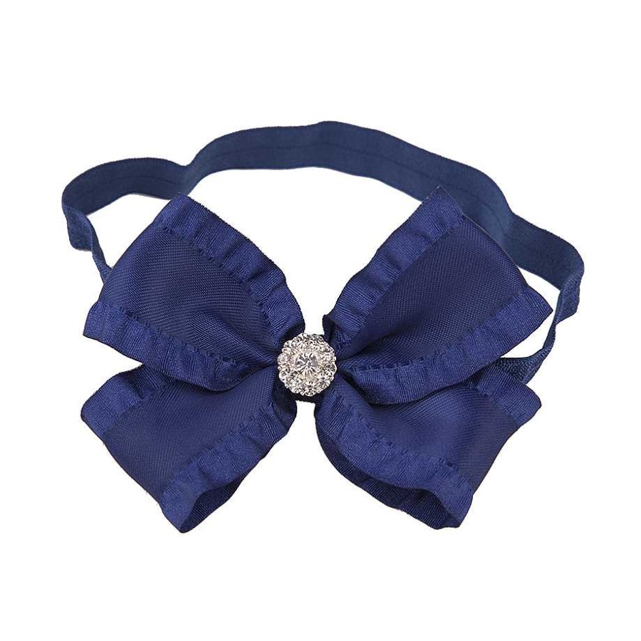 Girls Cute Cute | Large Navy Frilly Double Bow With Rhinestone On A Soft Navy Headband