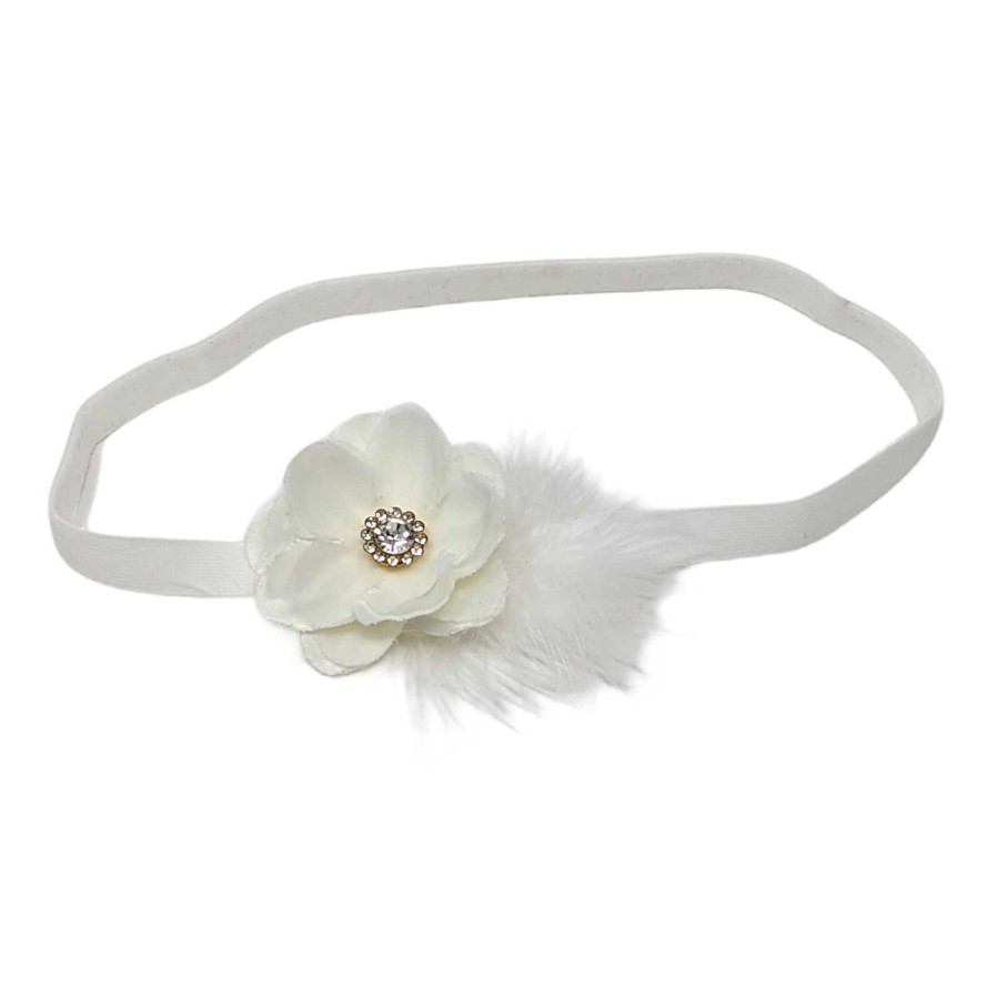 Girls Cute Cute | Ivory Flower With Rhinestone And Marabou Feather On A Soft Elastic Headband