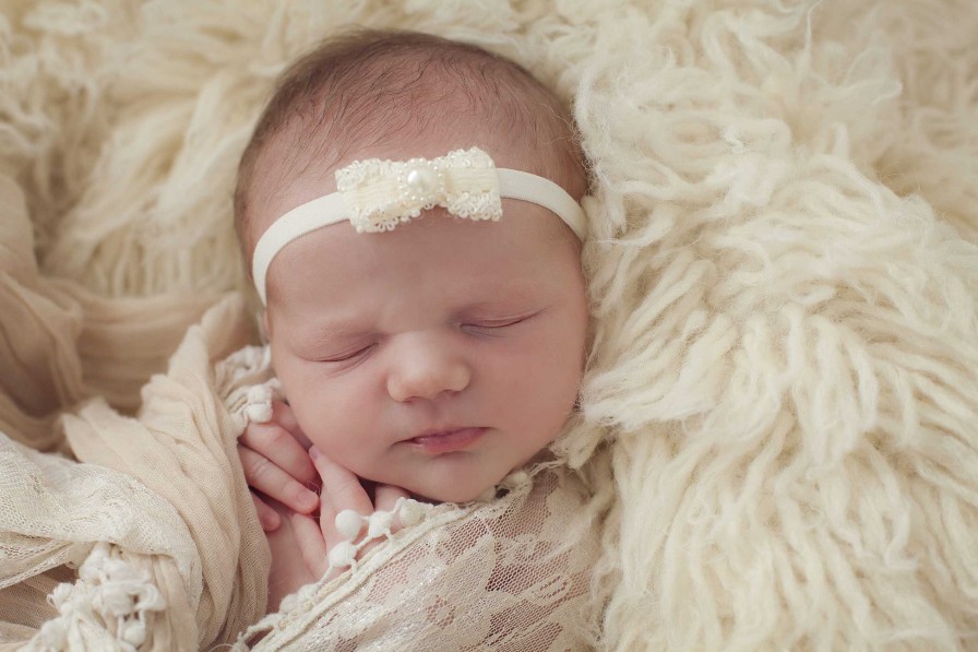 Girls Cute Cute | Beautiful Ivory Frilly Bow Finished With Pearl On An Ivory Soft Elastic Headband