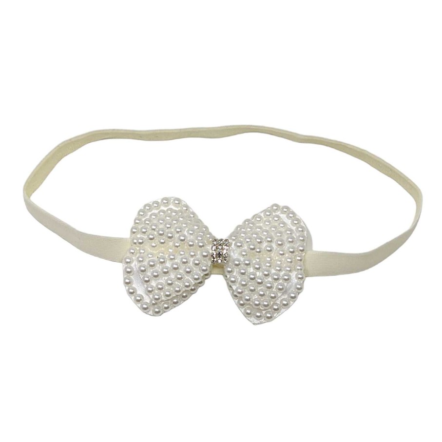 Girls Cute Cute | Medium Pearl Bow With Rhinestone On A Soft Ivory Headband