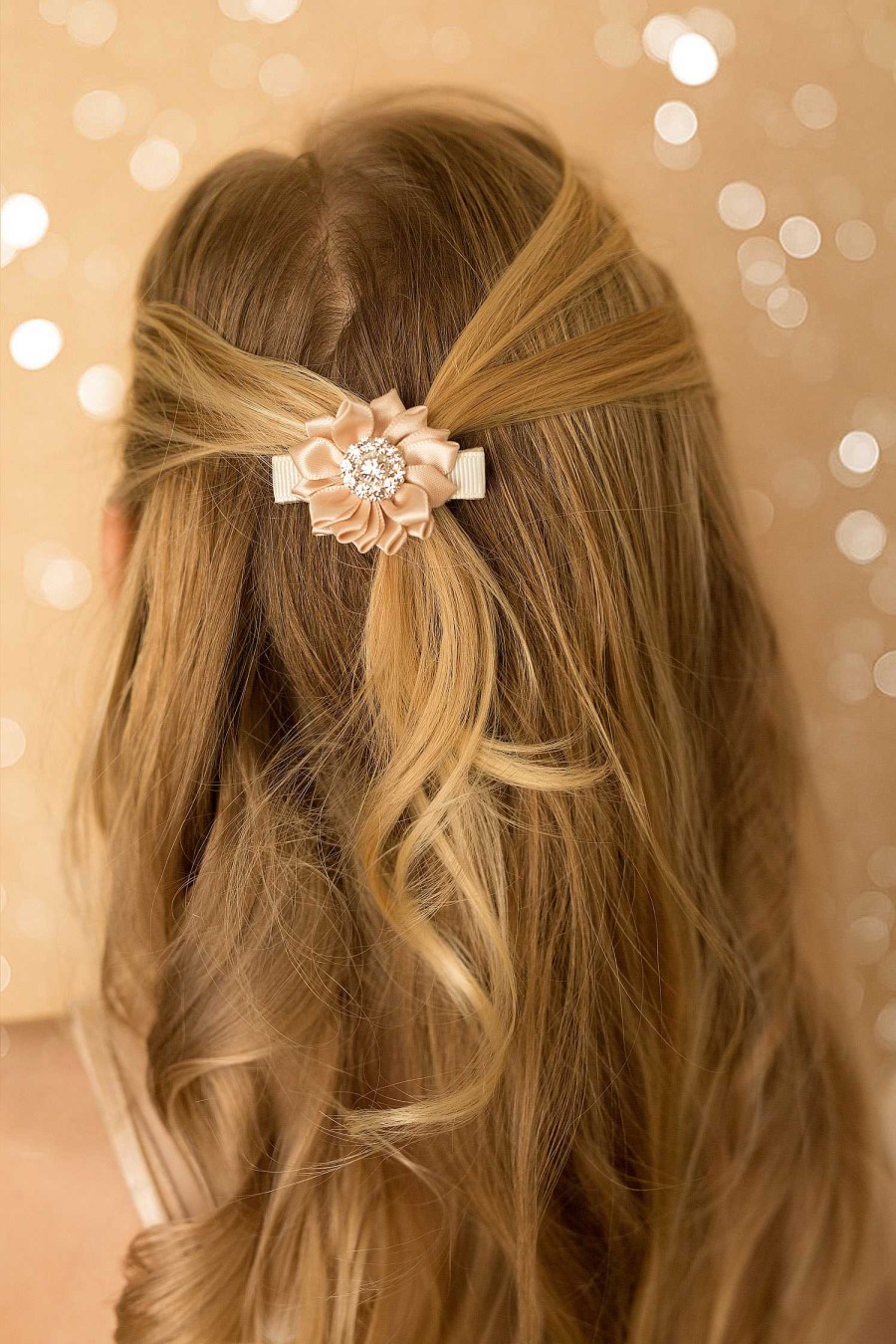 Girls Cute Cute | Beige Satin Flower With Rhinestone Button On An Alligator Clip.