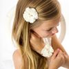 Girls Cute Cute | Ivory Chiffon Flower With Pearls And Rhinestones On An Alligator Clip