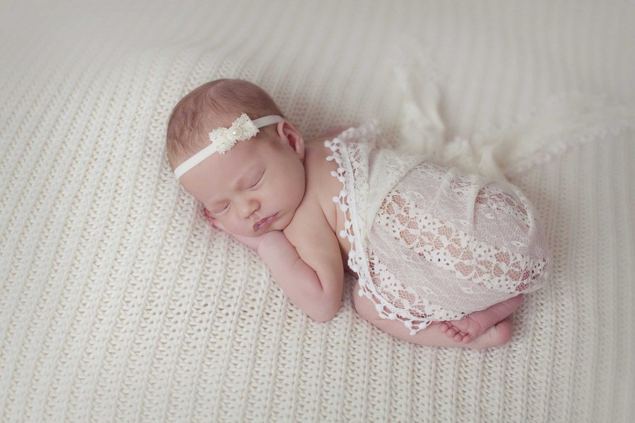 Girls Cute Cute | Beautiful Ivory Frilly Bow Finished With Pearl On An Ivory Soft Elastic Headband