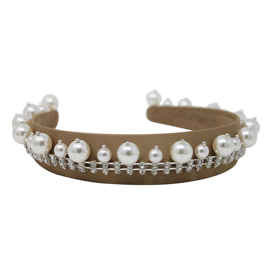 Woman Cute Cute | Bronze Pearl And Cased Diamante Trim On A Wide Satin Alice Band