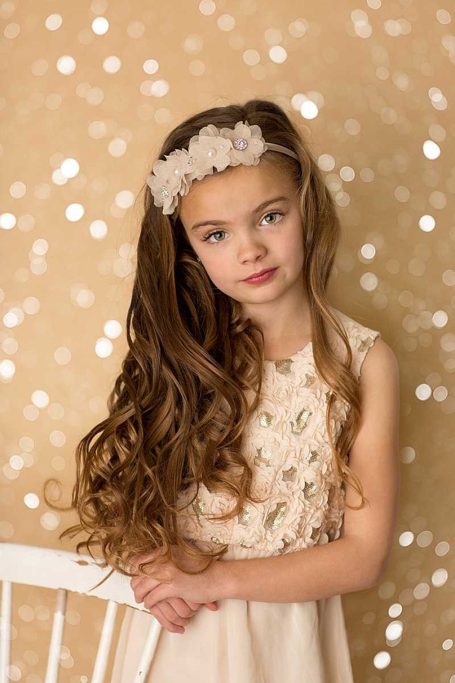 Girls Cute Cute | Chiffon Tan Flowers With Swarovski Diamante, Pearls And Rhinestones