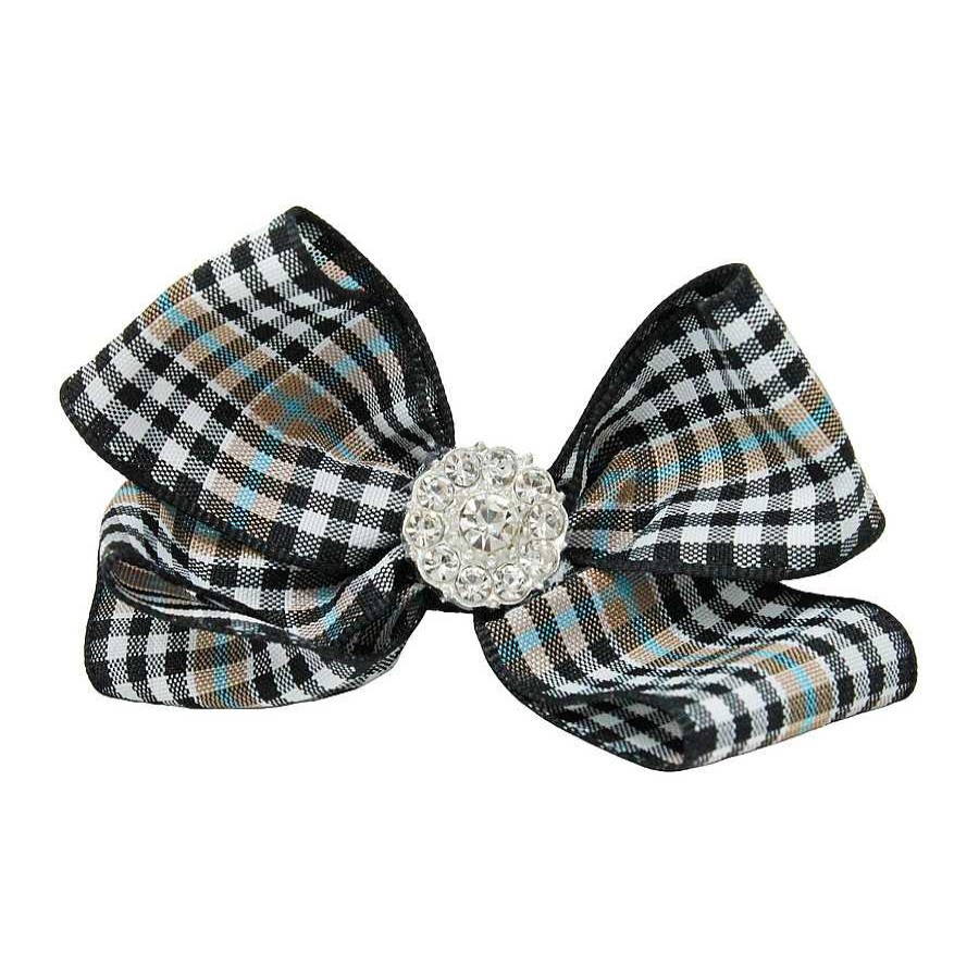 Girls Cute Cute | Checked Black, White, Beige Gingham Medium Bow With Rhinestone On A Clip