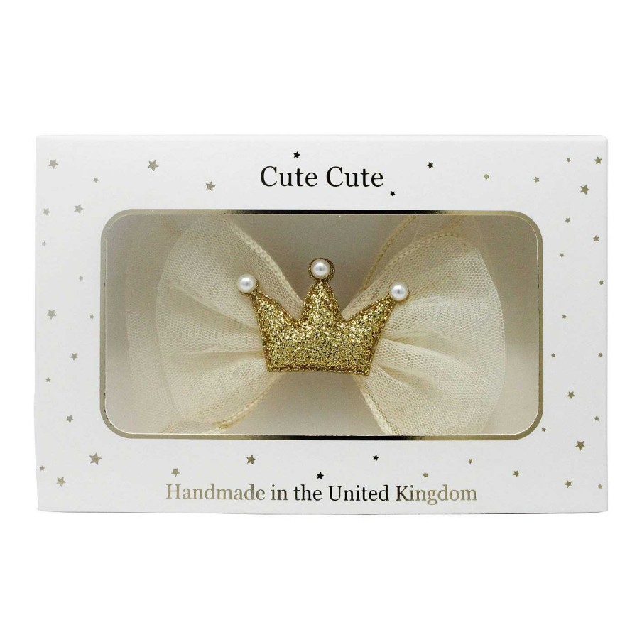 Girls Cute Cute | Gold Chiffon Large Bow With Glitter Crown And Pearls In A Draw Gift Box