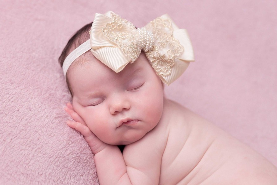 Girls Cute Cute | Oversized Bow With Gold Lace And Pearls In Ivory