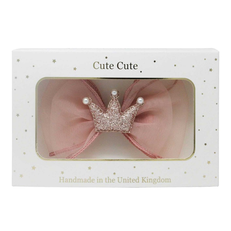 Girls Cute Cute | Dusky Pink Chiffon Large Bow With Glitter Crown And Pearls In A Draw Gift Box