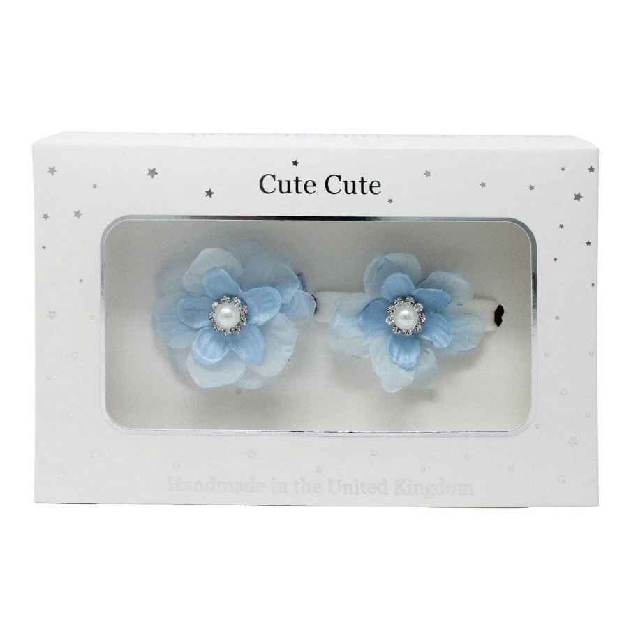 Girls Cute Cute | Blue Chiffon And Satin Flowers With Pearl Rhinestone Set- Clip And Bracelet