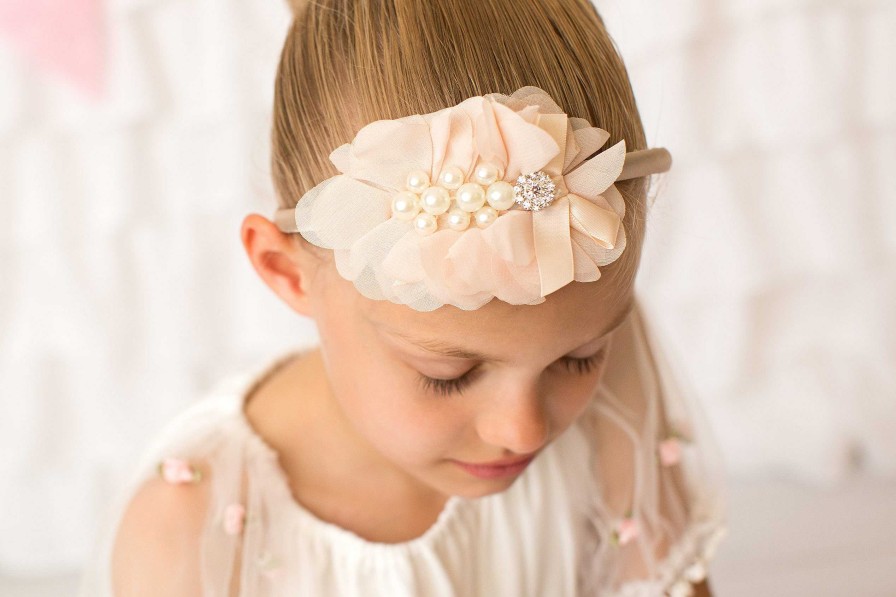 Girls Cute Cute | Chiffon Flower In Peach Decorated With Pearls And Rhinestone On A Satin Alice Band