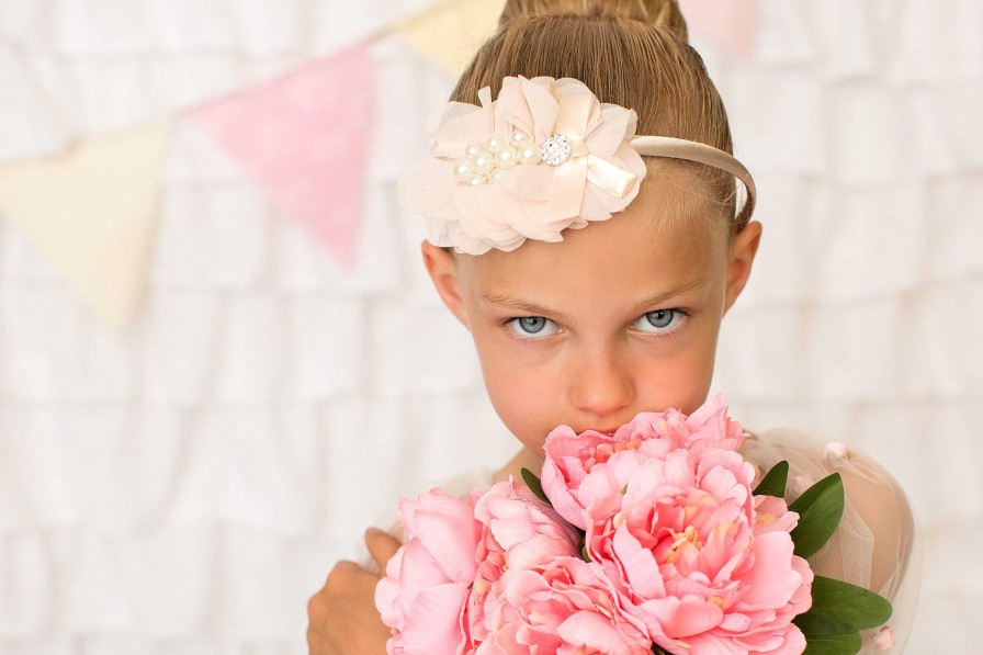 Girls Cute Cute | Chiffon Flower In Peach Decorated With Pearls And Rhinestone On A Satin Alice Band