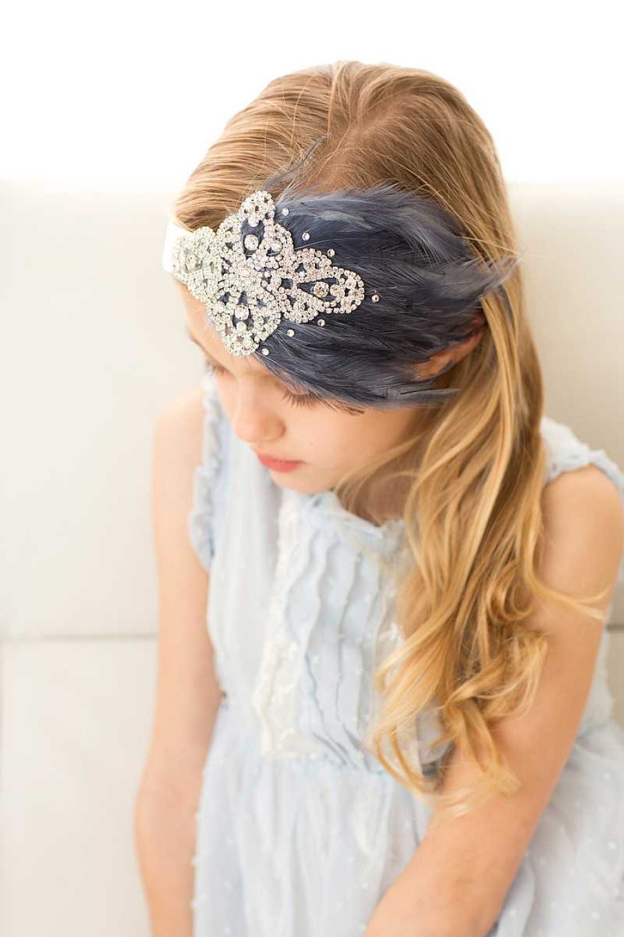 Girls Cute Cute | Exclusive Denim Feather And Crystal Design Satin Alice Band