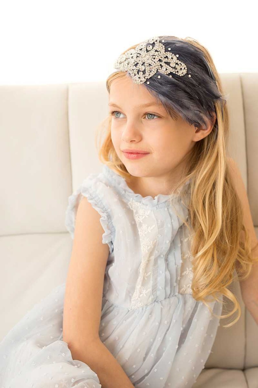 Girls Cute Cute | Exclusive Denim Feather And Crystal Design Satin Alice Band