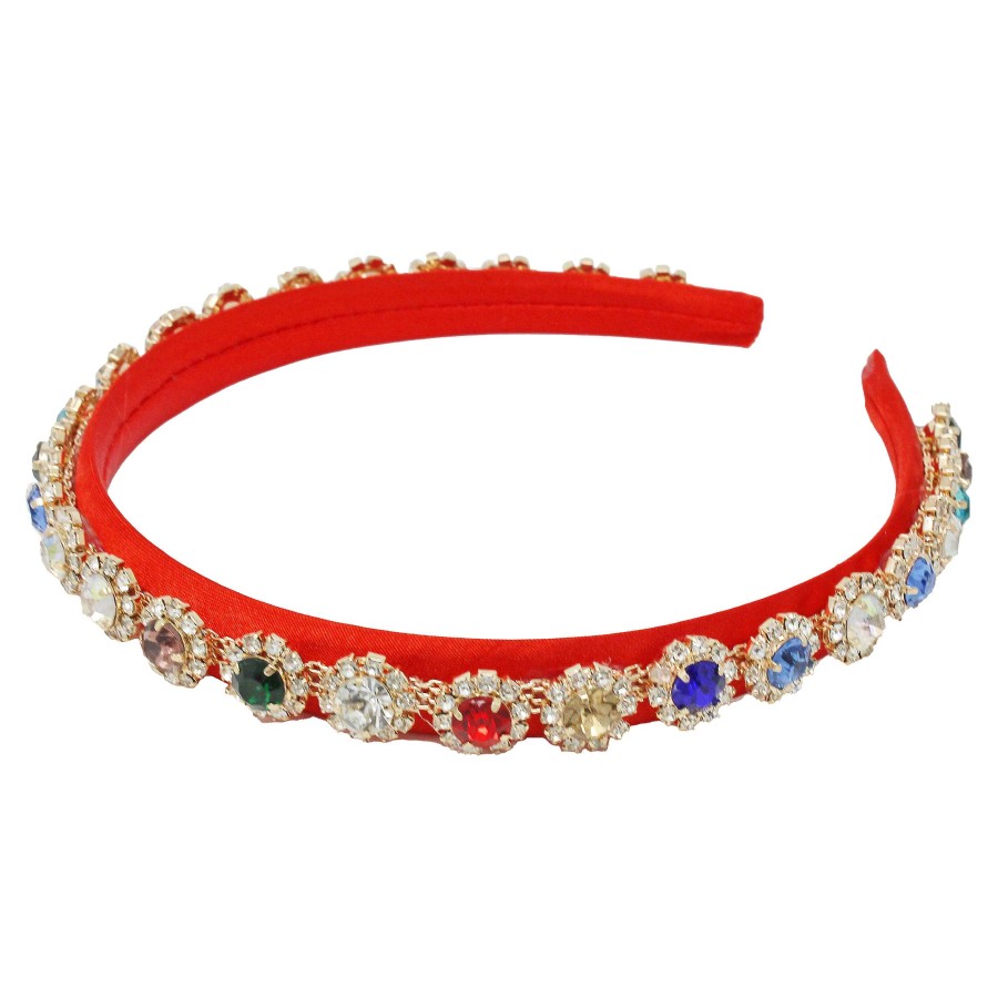 Woman Cute Cute | Red Alice Band With Colourful Stones In A Gold Cased Diamante