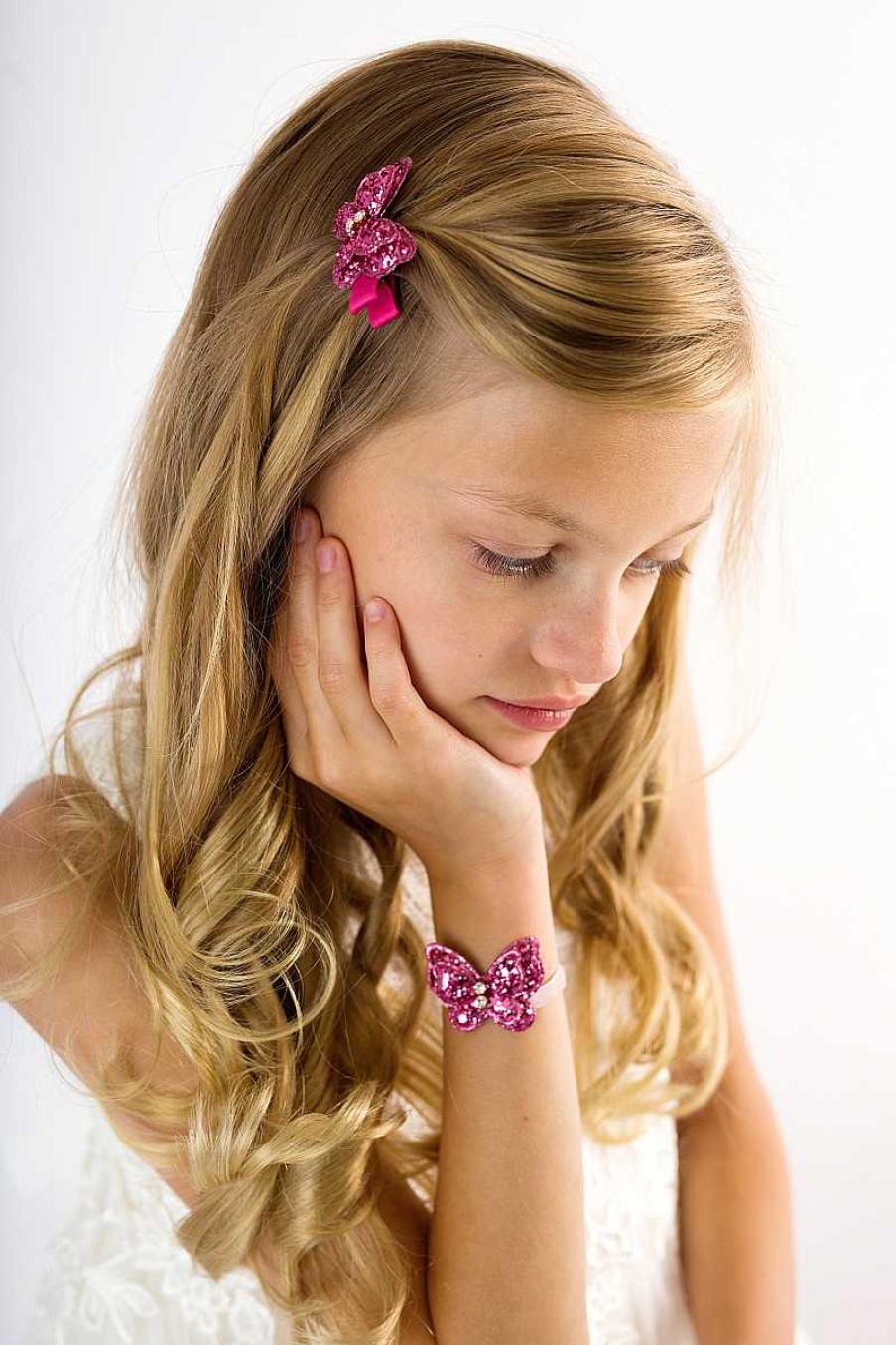 Girls Cute Cute | Fuchsia Butterfly With Rhinestone On Alligator Clip