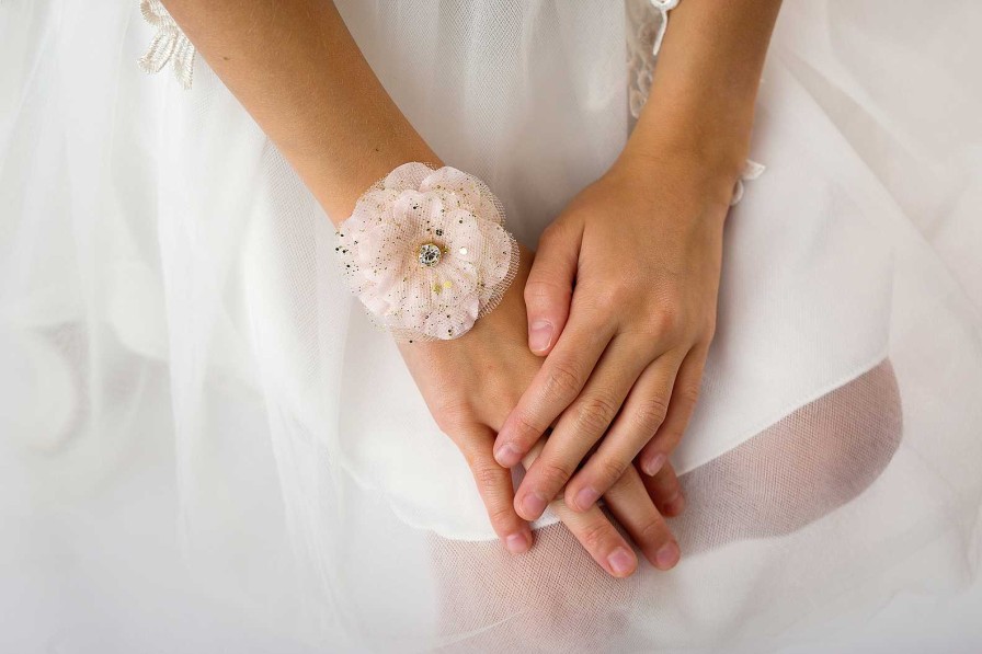 Girls Cute Cute | Blush Pink And Gold Sparkly Glitter Flower With Rhinestone On A Soft Lace Bracelet