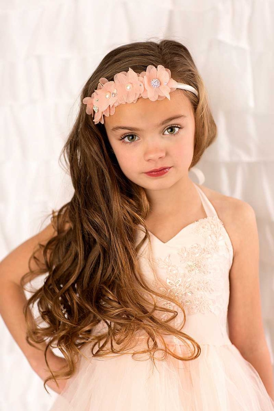 Girls Cute Cute | Peach Chiffon Flowers With Swarovski Diamante, Pearls And Rhinestones