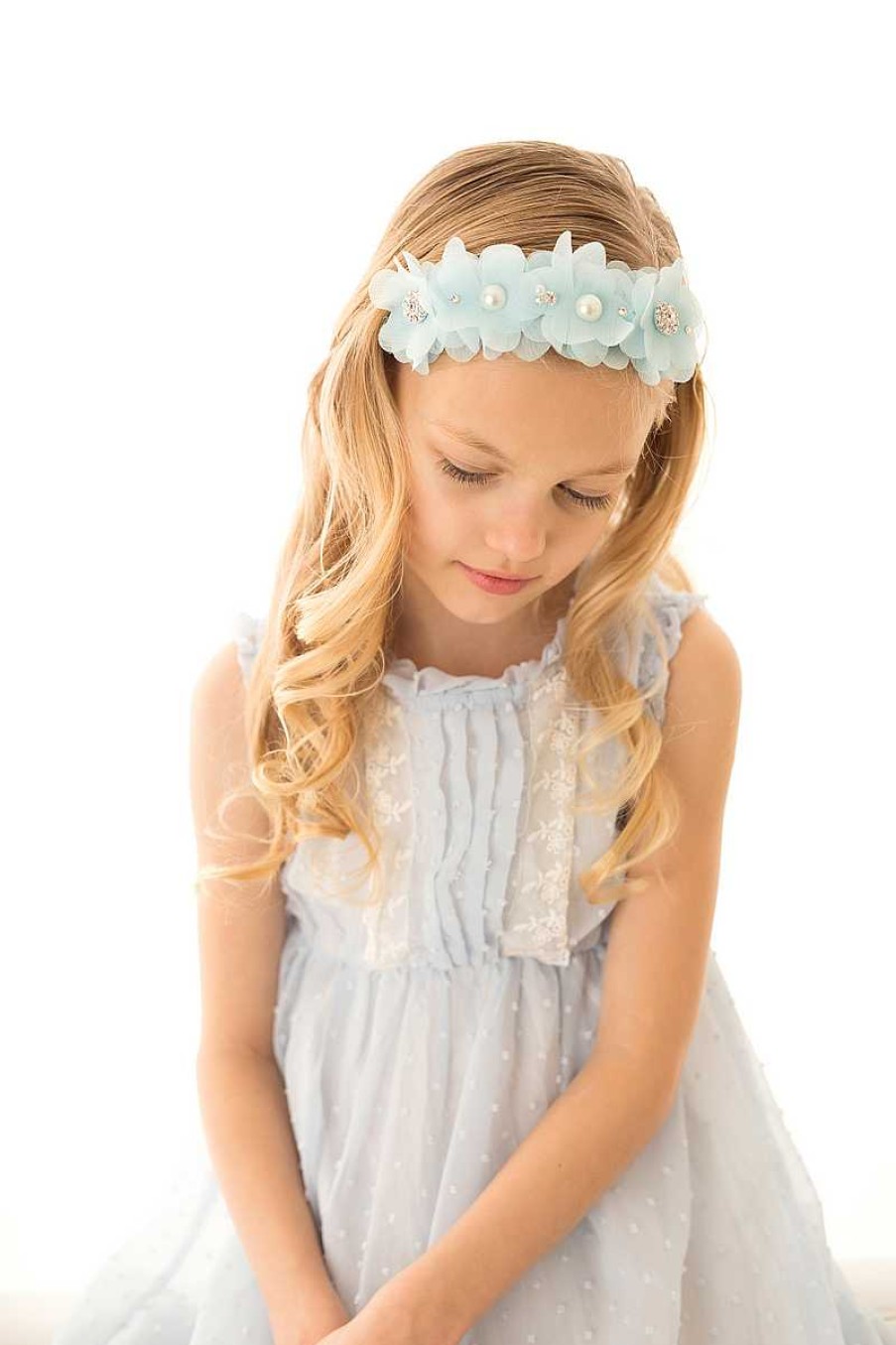 Girls Cute Cute | Blue Chiffon Flowers With Swarovski Diamante, Pearls And Rhinestones