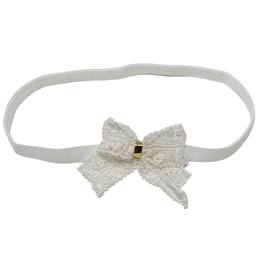 Girls Cute Cute | Off White Lace Bow With Gold Middle On A Soft Elastic Headband