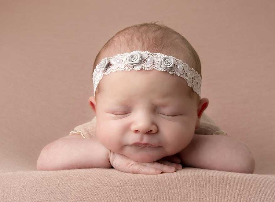 Girls Cute Cute | Ivory Lace Headband With Grey Satin Flowers And Pearls