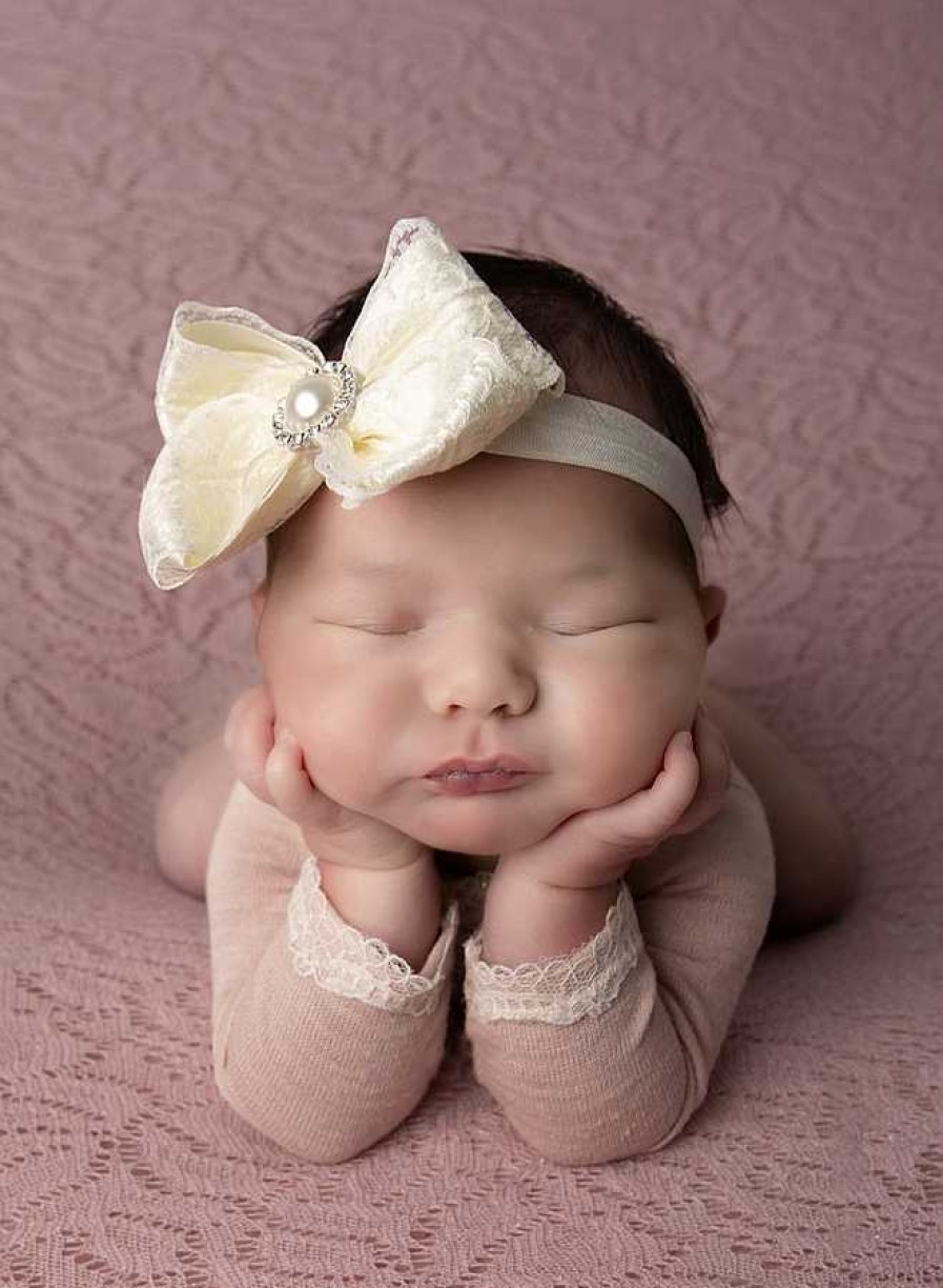 Girls Cute Cute | Ivory Lace Double Satin Bow With Pearl And Diamante Button On A Headband