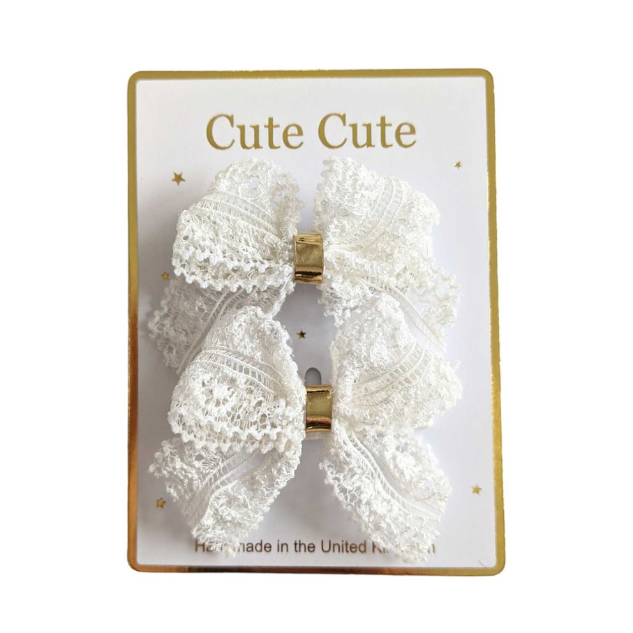 Girls Cute Cute | Set Of Two Off White Lace Bows With Gold Middle On Clips