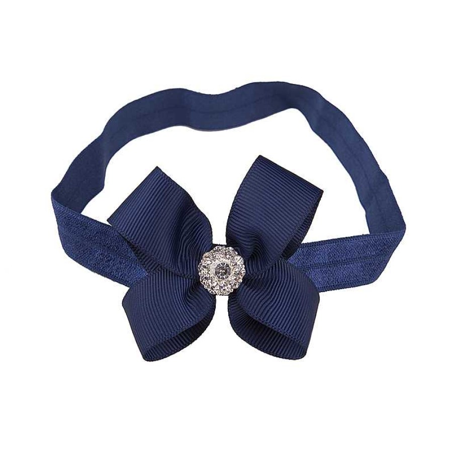 Girls Cute Cute | Medium Navy Double Grosgrain Bow Decorated With Rhinestone On A Soft Elastic Headband