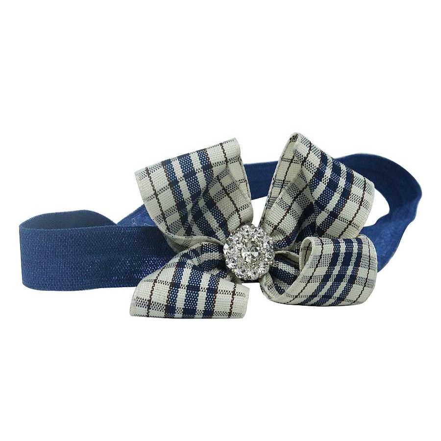 Girls Cute Cute | Checked Ivory And Navy Gingham Medium Bow With Rhinestone Button On A Soft Headband