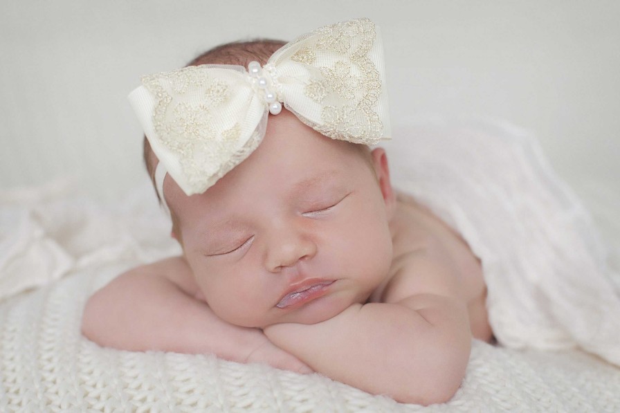 Girls Cute Cute | Ivory Satin And Gold Lace Bow Decorated With Stunning Pearl Trim On A Soft Elastic Headband