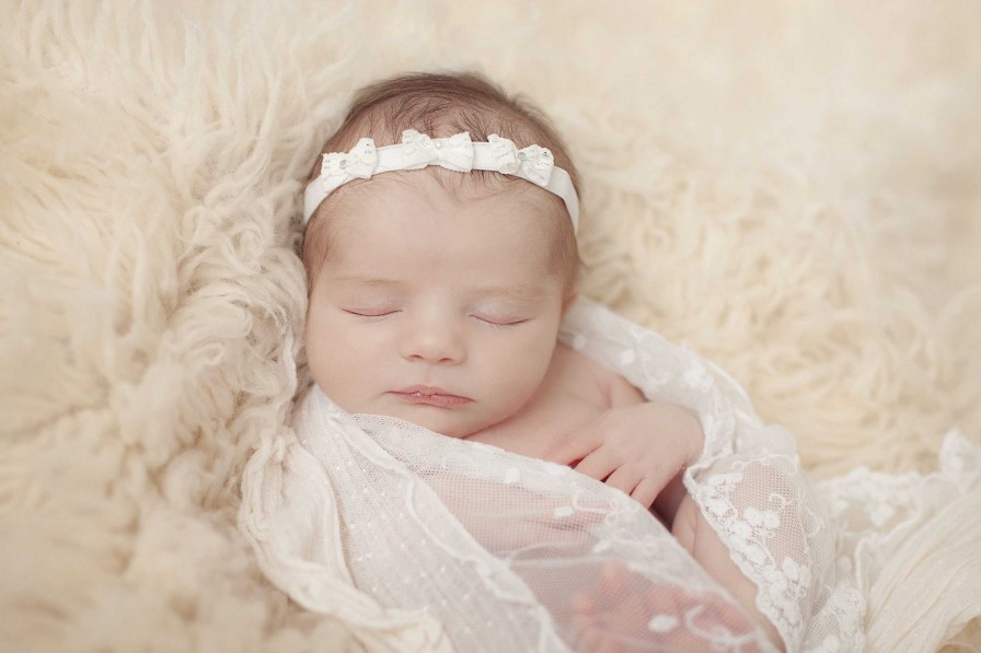 Girls Cute Cute | Three Off White Lace Bows Decorated With Pearl And Stones A Soft Elastic Headband