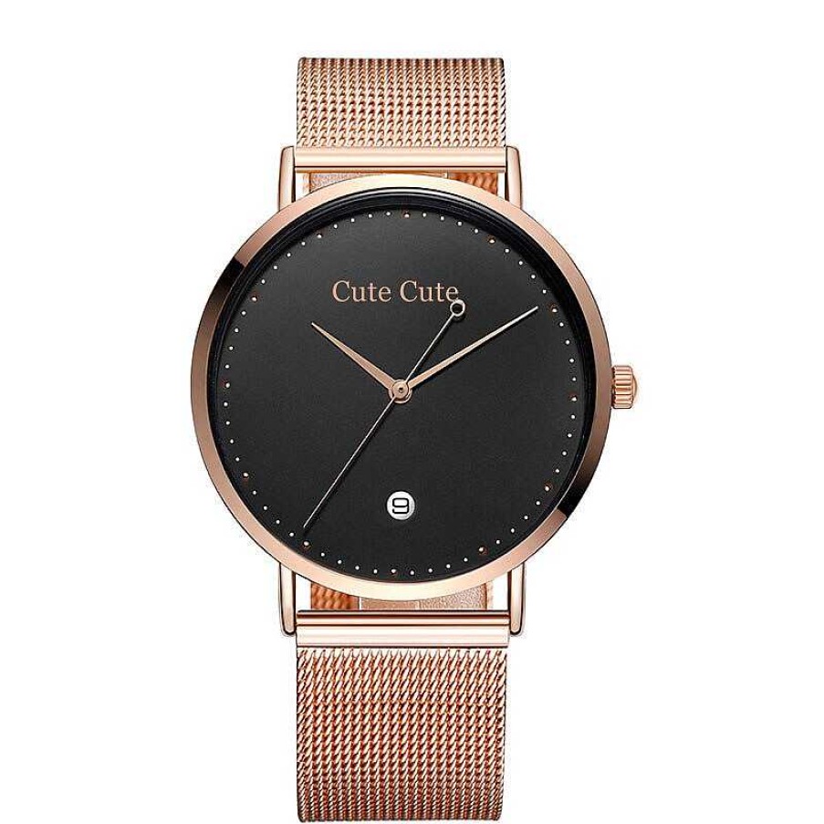 Woman Cute Cute | Rose Gold Watch With A Black Face And Stainless Steel Mesh Bracelet