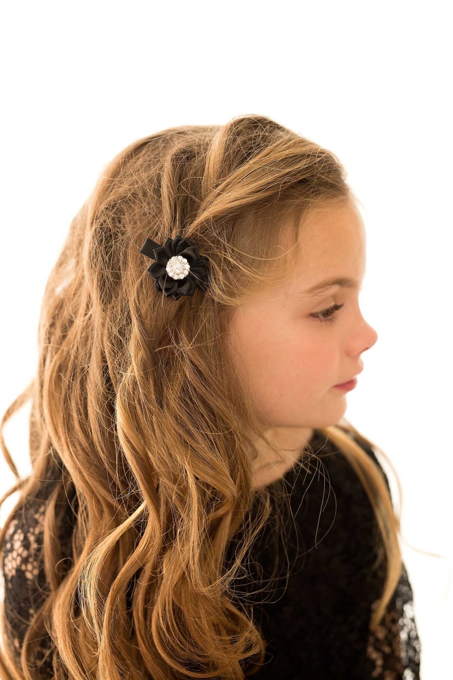 Girls Cute Cute | Black Satin Flower With Rhinestone Button On An Alligator Clip.