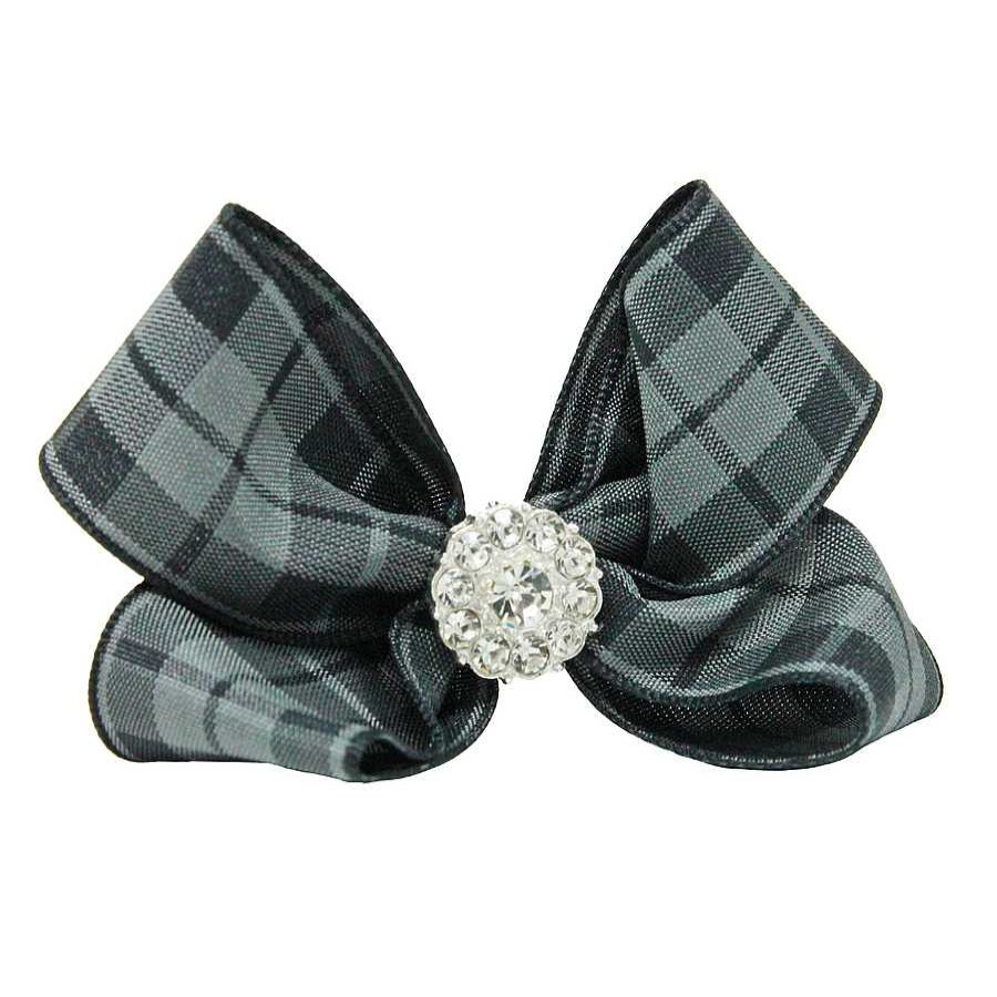 Girls Cute Cute | Checked Black And Grey Gingham Medium Bow With Rhinestone On A Clip