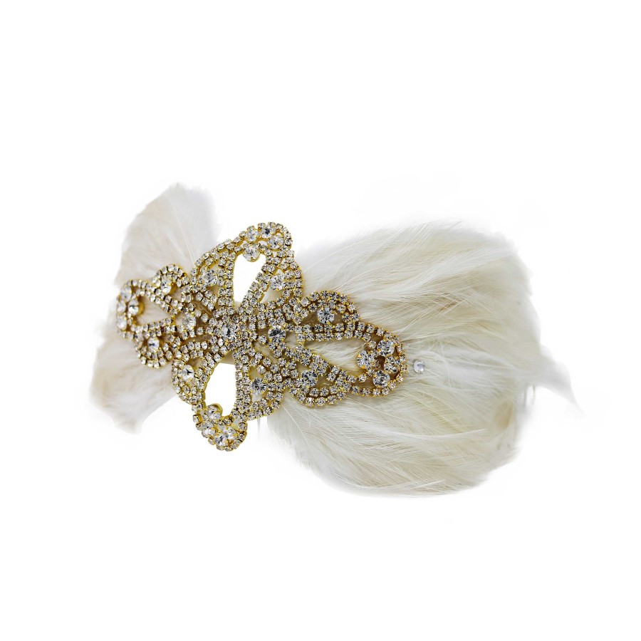 Woman Cute Cute | Ivory Feathers And Crystal Diamante Patch With Swarovski Crystals On A Satin Alice Band