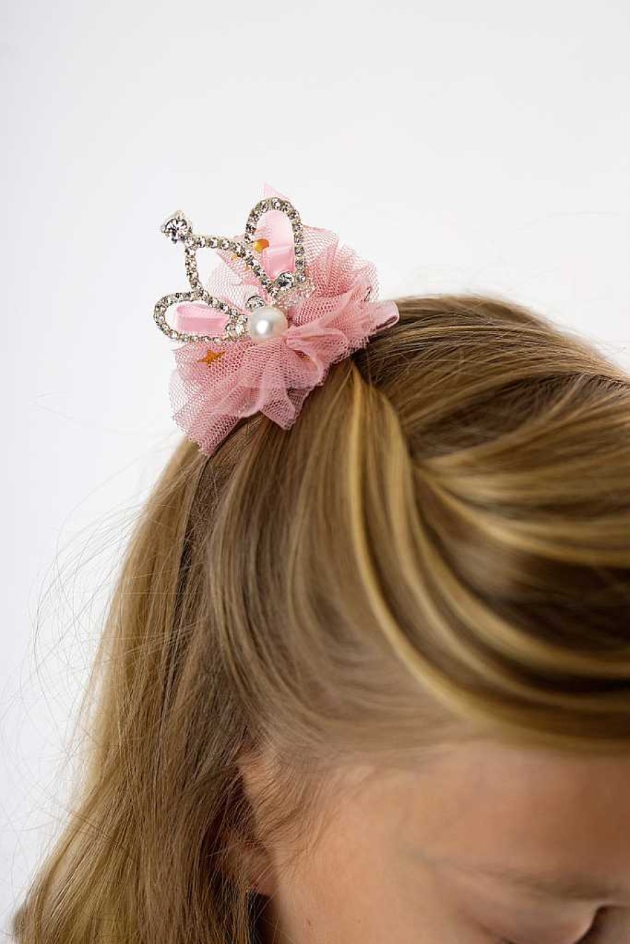 Girls Cute Cute | Diamante Crown On Tulle Ball With Pearl, Satin Bow On A Clip