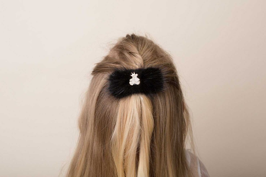 Girls Cute Cute | Black Mink Fur Bow With Gold Teddy Rhinestone Button On An Alligator Clip.