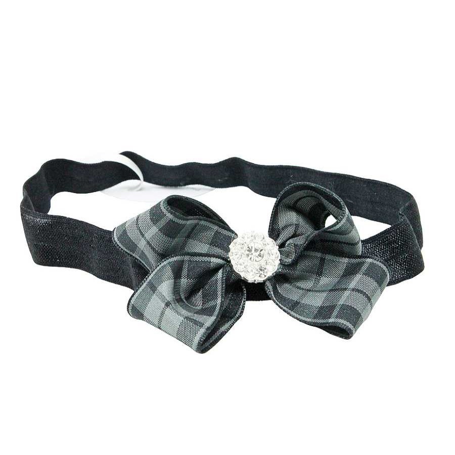 Girls Cute Cute | Checked Black And Grey Gingham Medium Bow With Rhinestone Button On A Soft Headband