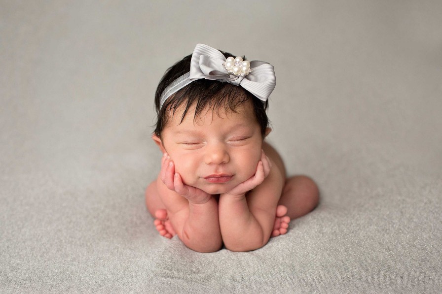 Girls Cute Cute | Beautiful Grey Double Bow Decorated With Sparkly Rhinestone On A Delicate Grey Elastic Headband