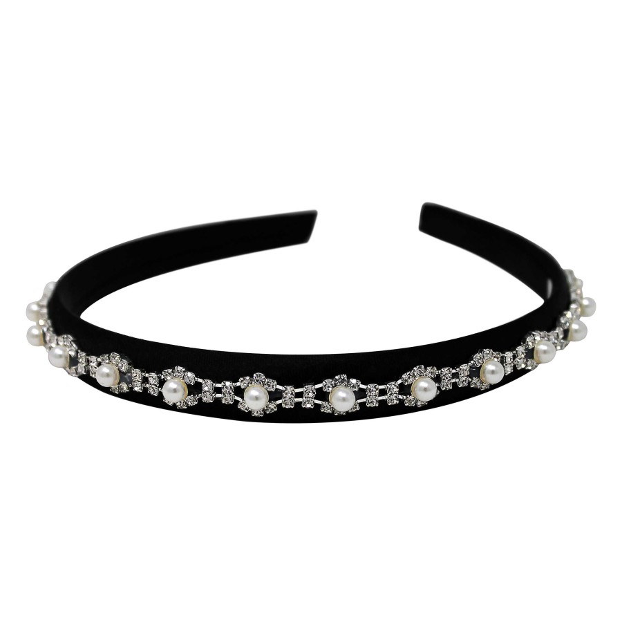 Woman Cute Cute | Black Satin Alice Band With Crystal And Pearl Trim