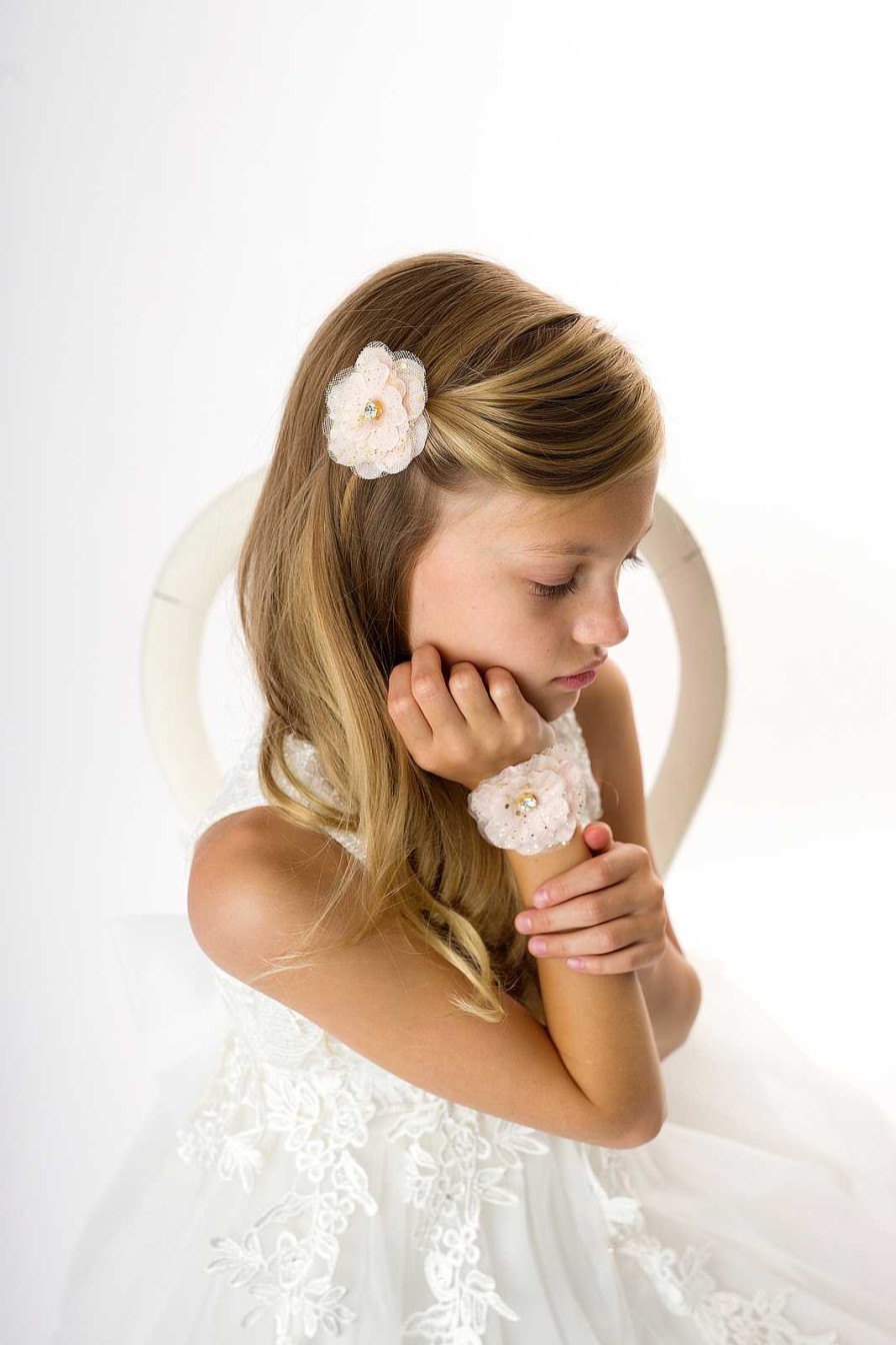 Girls Cute Cute | Blush Pink And Gold Sparkly Glitter Flower With Rhinestone On A Soft Lace Bracelet